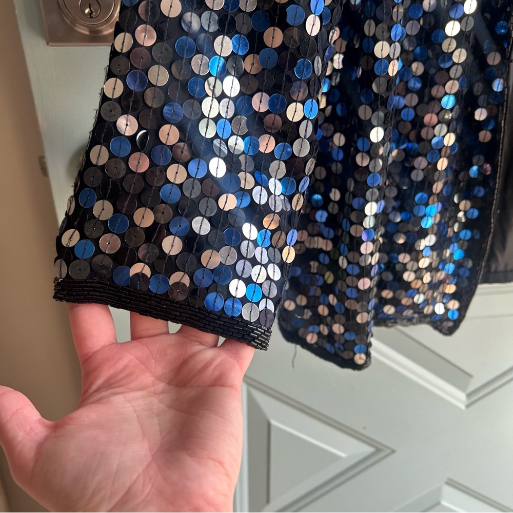 Vintage Sequin Beaded 100% Silk Oversized Jacket Oleg Cassini Silver & Blue L - Picture 9 of 12